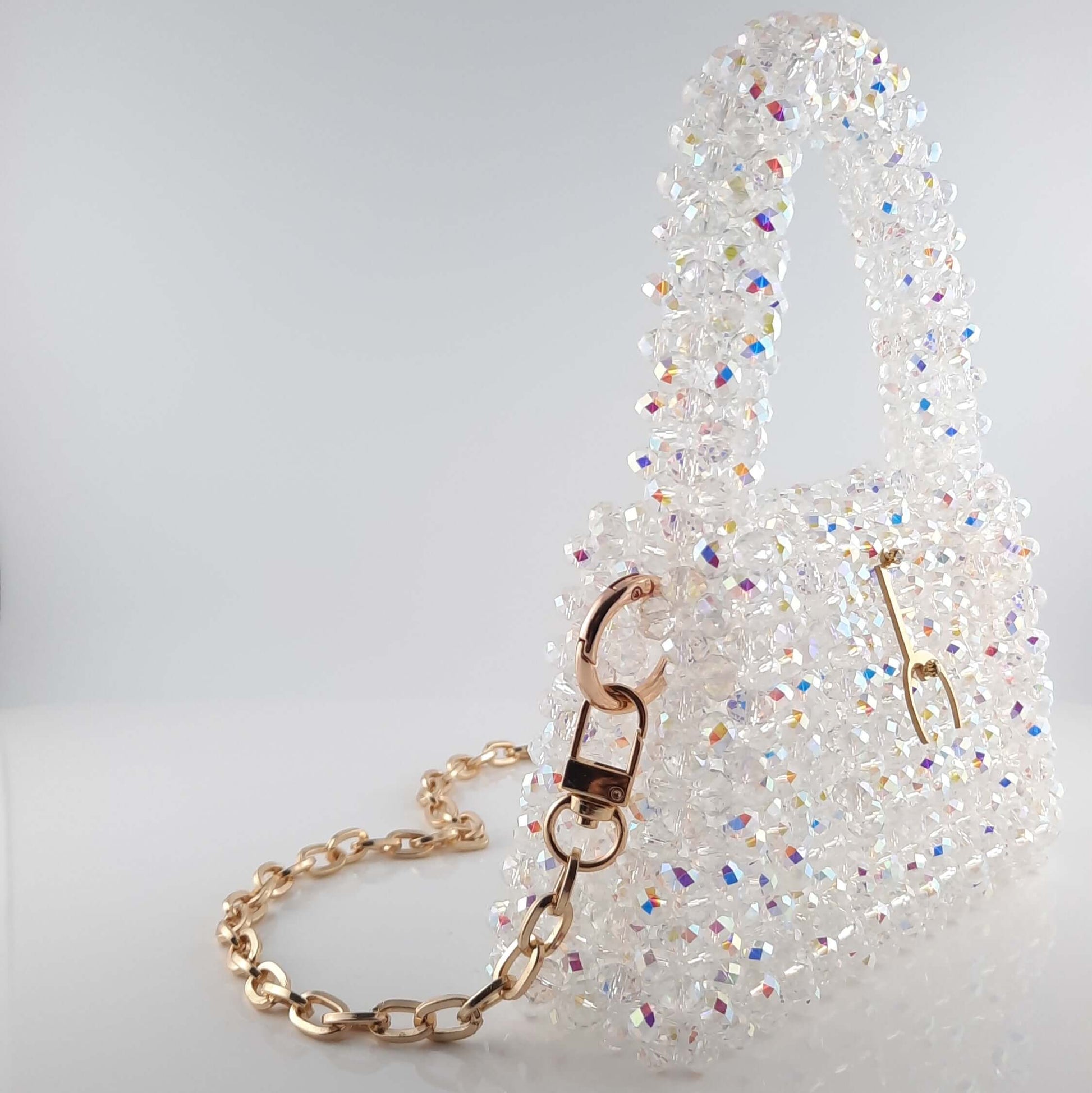 Mini sac en perles de cristal blanc et sa bandoulière amovible