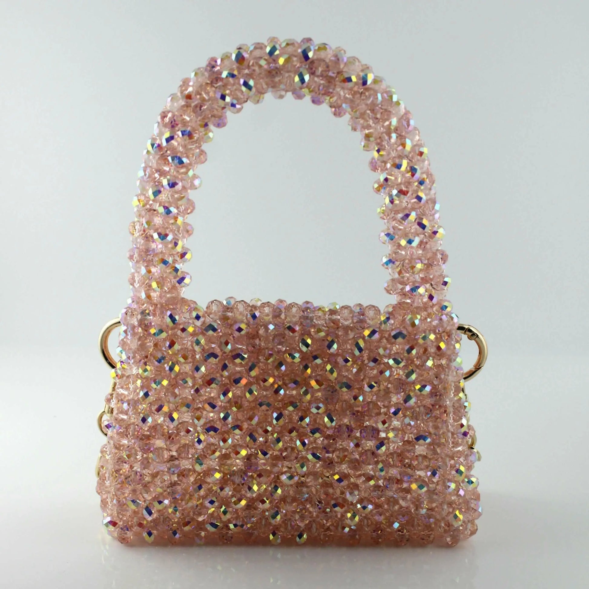 Vue arrière du mini sac en perles de cristal rose