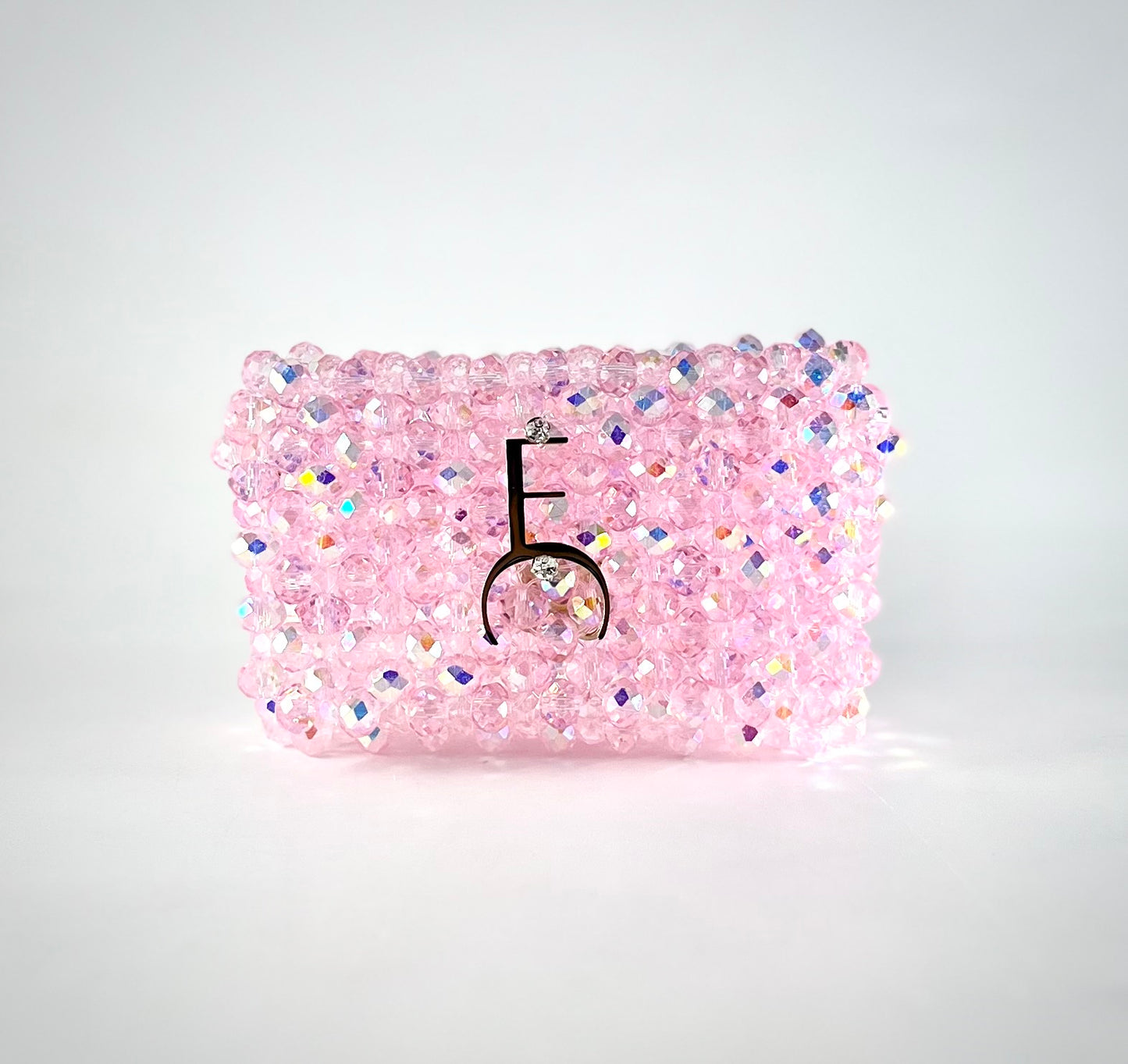 Porte-cartes cristaux rose logo doré vue de face - Eleonore Croce 